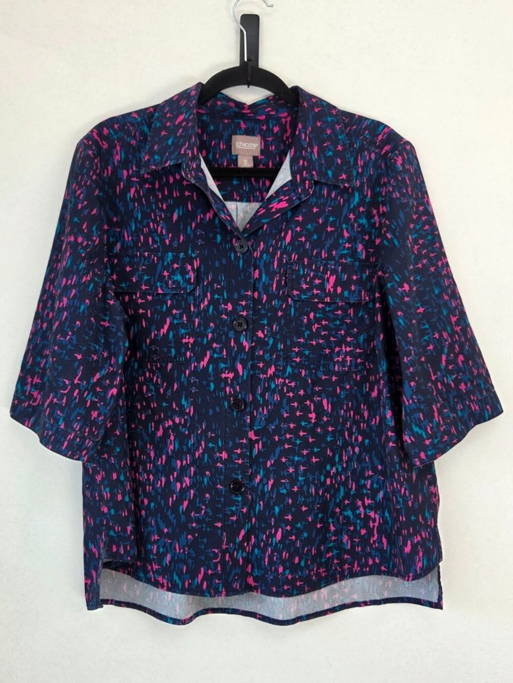 Chico's Crosshatch Weaves Utility Shirt Blouse Top Artsy Art Deco Women's L - Picture 1 of 9